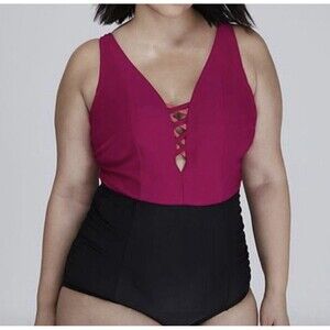 Cacique Deep V Swim One Piece Built In No Wire Bra Swimsuit Size 28 Bi3678